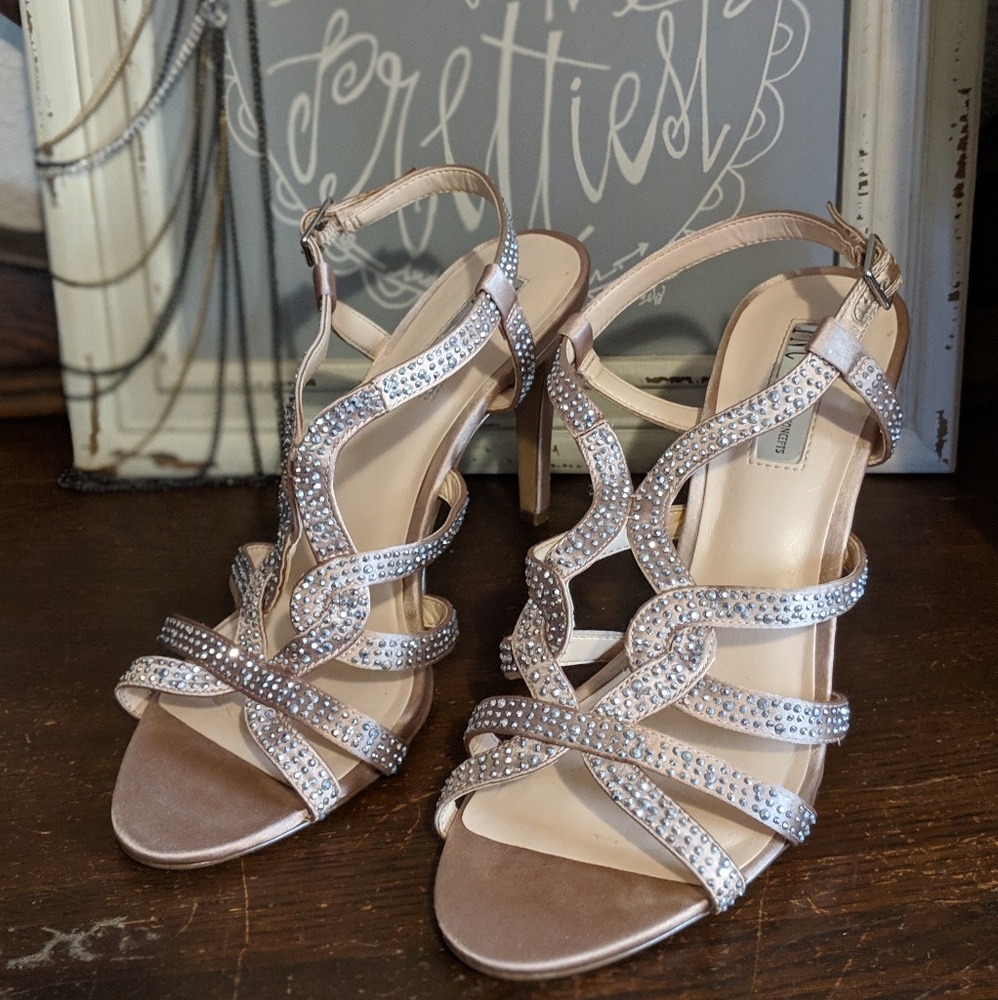 Sandal heel rhinestone satin gold open toe sandal